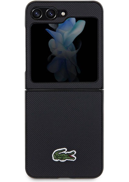 Galaxy Z Flip 5 Kılıf Lacoste Orjinal Lisanslı Pu Pike Desenli Yüzey Ikonik Timsah Logolu Siyah