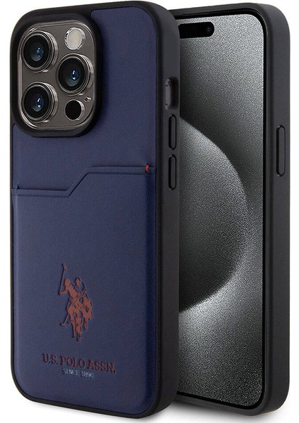 U.S. Polo Assn. iPhone 15 Pro Kılıf U.s. Polo Assn. Orjinal Lisanslı Baskı Logolu Pu Kartlıklı Kapak Lacivert