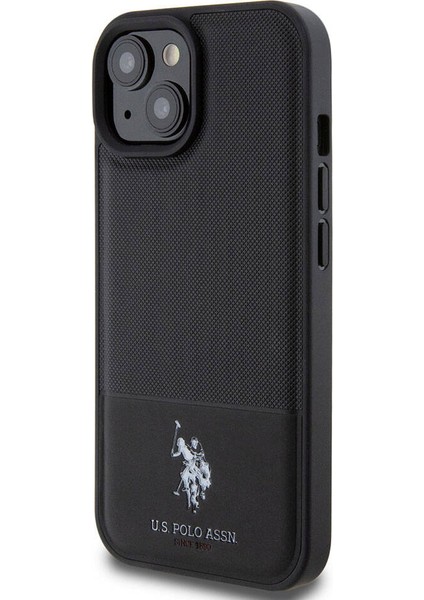 U.S. Polo Assn. iPhone 15 Kılıf U.s. Polo Assn. Orjinal Lisanslı Suni Deri Baskı Logolu Örgü Desenli Siyah