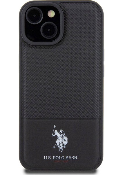 U.S. Polo Assn. iPhone 15 Kılıf U.s. Polo Assn. Orjinal Lisanslı Suni Deri Baskı Logolu Örgü Desenli Siyah