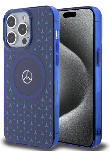 iPhone 15 Pro Max Kılıf Mercedes-Benz Orjinal Lisanslı Magsafe Şarjlı Mini Yıldız Desenli Mavi