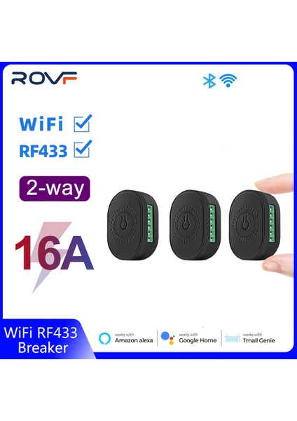 Rovf - Akıllı Kablosuz Anahtar - Mini Işık Anahtarları - 2 Yollu Modül Açık/kapalı Işık - 16A - WIFI+RF433 - Siyah - Google Home Alexa Için Çalışma (Yurt Dışından)