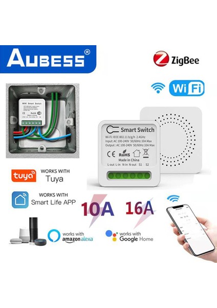 Aubess Tuya Wifi/zigbee Mını Akıllı Anahtar 16A/10A Destek 2 Yönlü Kontrol Zamanlayıcı Kablosuz Anahtarlar Akıllı Ev Otomasyonu Tuya Alexa Google Home Yandex Alice ile Uyumlu (Yurt Dışından)