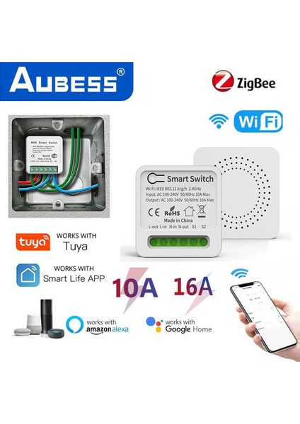 Aubess Tuya Wifi/zigbee Mını Akıllı Anahtar 16A/10A Destek 2 Yönlü Kontrol Zamanlayıcı Kablosuz Anahtarlar Akıllı Ev Otomasyonu Tuya Alexa Google Home Yandex Alice ile Uyumlu (Yurt Dışından)