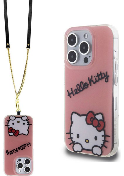 iPhone 15 Pro Kılıf Hello Kitty Orjinal Lisanslı Askılı Yazı ve Ikonik Logolu Daydreaming Pembe
