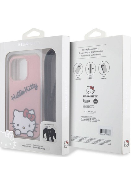 iPhone 15 Pro Kılıf Hello Kitty Orjinal Lisanslı Askılı Yazı ve Ikonik Logolu Daydreaming Pembe