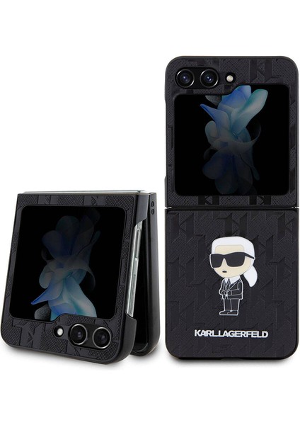 Galaxy Z Flip 5 Kılıf Orjinal Lisanslı Kl Desenli Karl Ikonik Saffiano Kapak Siyah