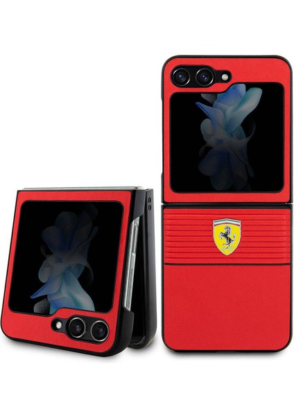 Galaxy Z Flip 5 Kılıf Ferrari Orjinal Lisanslı Pu Deri Metal Logolu Multi Çizgili Kapak Kırmızı