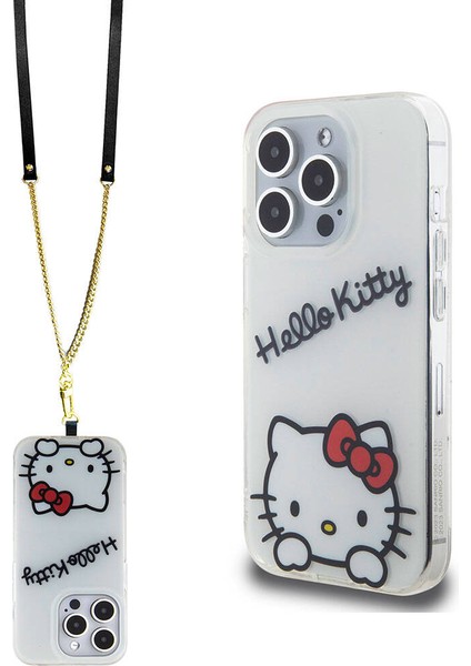 iPhone 15 Pro Kılıf Hello Kitty Orjinal Lisanslı Askılı Yazı ve Ikonik Logolu Daydreaming Beyaz