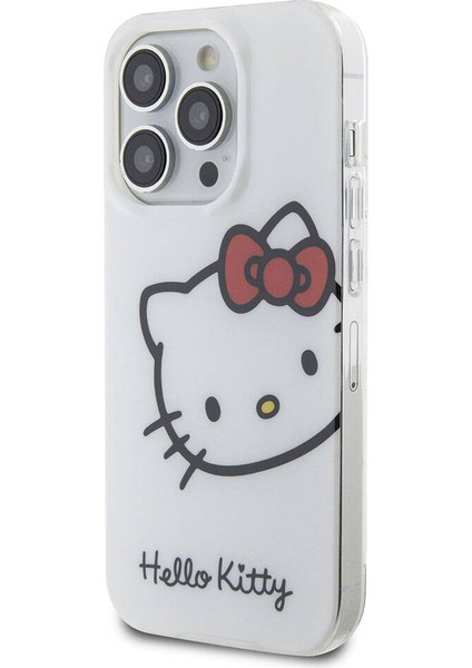 iPhone 15 Pro Kılıf Hello Kitty Orjinal Lisanslı Yazı ve Ikonik Logolu Kitty Head Kapak Beyaz