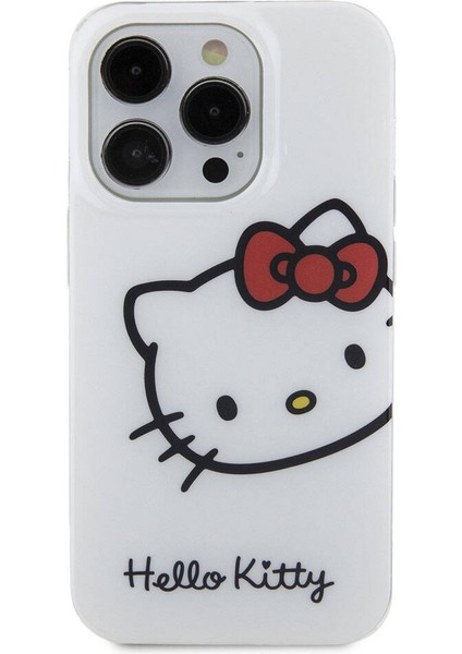 iPhone 15 Pro Kılıf Hello Kitty Orjinal Lisanslı Yazı ve Ikonik Logolu Kitty Head Kapak Beyaz