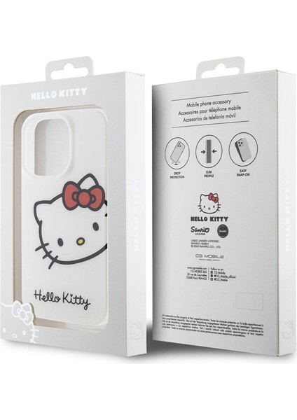 iPhone 15 Pro Kılıf Hello Kitty Orjinal Lisanslı Yazı ve Ikonik Logolu Kitty Head Kapak Beyaz