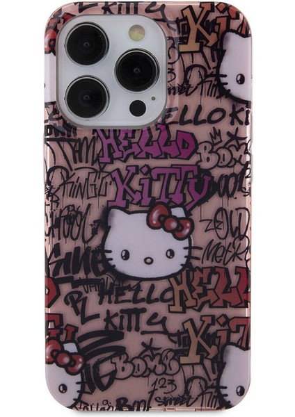 iPhone 15 Pro Kılıf Hello Kitty Orjinal Lisanslı Ikonik Logolu Etiket Graffiti Kapak Pembe