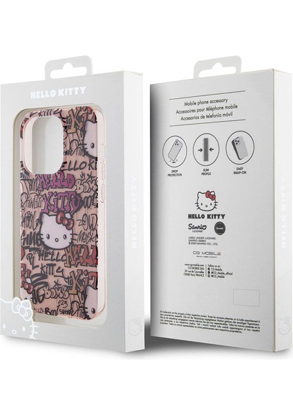 iPhone 15 Pro Kılıf Hello Kitty Orjinal Lisanslı Ikonik Logolu Etiket Graffiti Kapak Pembe