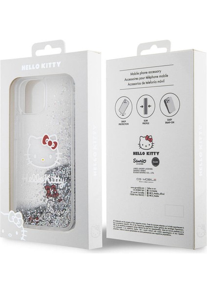 iPhone 15 Kılıf Hello Kitty Orjinal Lisanslı Ikonik Sıvılı Glitter Kapak Şeffaf