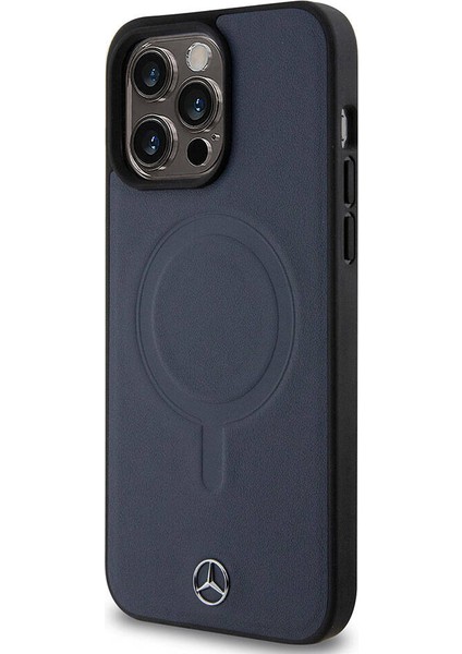 iPhone 15 Pro Max Kılıf Mercedes-Benz Orjinal Lisans Magsafe Şarjlı Metal Yıldız Logo Deri Lacivert