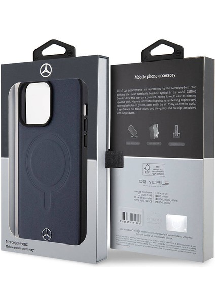 iPhone 15 Pro Max Kılıf Mercedes-Benz Orjinal Lisans Magsafe Şarjlı Metal Yıldız Logo Deri Lacivert