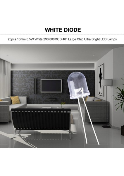 20 Adet 10MM 0.5W Beyaz 290,000MCD 40° Büyük Çip Ultra Parlak LED Lambalar - Beyaz (Yurt Dışından) fiyatları