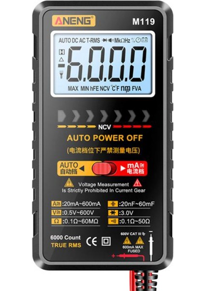 Aneng M119 Taşınabilir Dijital Multimetre 6000 Sayım Multimetro Avometre Transistör Kapasitör Test Cihazı (Yurt Dışından)