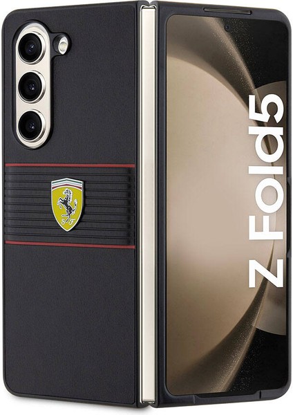 Galaxy Z Fold 5 Kılıf Ferrari Orjinal Lisanslı Pu Deri Metal Logolu Multi Çizgili Kapak Siyah