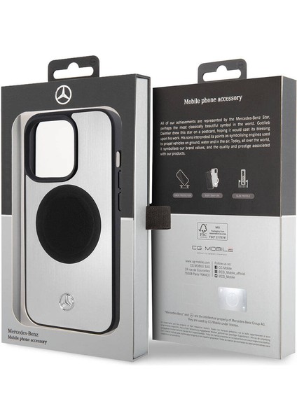 iPhone 15 Pro Kılıf Mercedes-Benz Orjinal Lisans Magsafe Şarjlı Alüminyum Metal Yıldız Logolu Gümüş