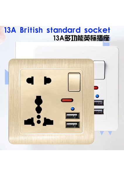 86 Model 13A Ingiliz Standardı Beş Delikli Çok Fonksiyonlu USB Soketi Ingiliz Kare Ayak Duvar Anahtar Priz Paneli (Yurt Dışından)
