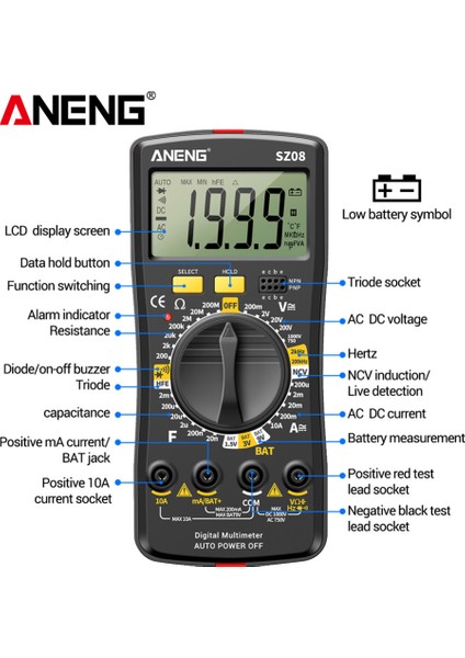 Aneng SZ08 Dijital Multimetre Ultra-Ince Depolama Profesyonel Multimetro Otomatik Voltmetre Ac Dc 220V Direnç Tutma Test Cihazları Yüksek Kalite (Yurt Dışından)