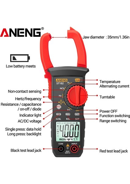 Dijital Multimetre Ac Akım Ampermetre Ac/dc Gerilim Voltmetre Aneng ST182 Kelepçe El Tipi 4000 Count Multimetreler Ohm Gerilim Test Cihazı Arkadan Aydınlatmalı (Yurt Dışından) indirimleri