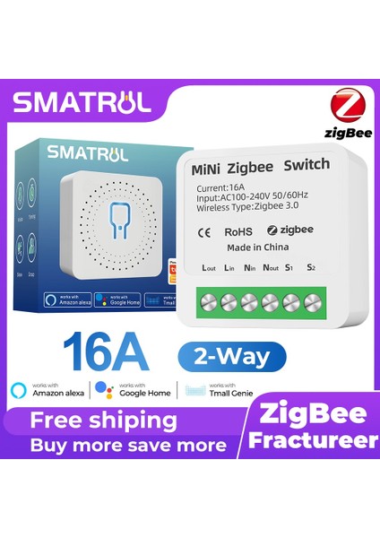 Smatrul - Zigbee Akıllı Anahtar - Mini Işık Anahtarı - 2 Yollu -16A - Kesici - Zigbee 3.0 Ağ Geçidi Hub - Tuya Alexa Google Home Için Çalışın (Yurt Dışından)