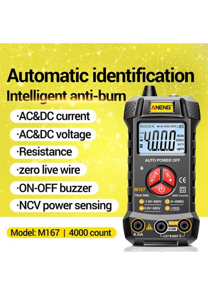 Aneng Ac/dc Gerilim Akım Multimetre Akıllı Dijital Multimetre 4000 Sayım Direnç Test Ölçer Ncv Temassız Indüksiyon (Yurt Dışından)