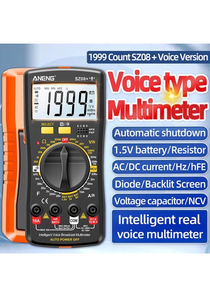 Aneng Dijital Multimetre Ses Yayını Ac/dc Akım Test Cihazı Profesyonel Multimetro Elektrikçi Hz Hfe Ohm Aracı SZ08+ (Yurt Dışından)