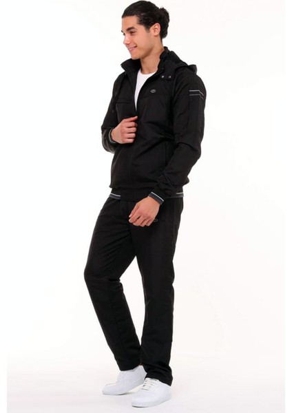 Siyah Erkek Yarım Balıkçı Yaka Tak Çıkar Kapüşonlu Micropoly Eşofman Takımı EDY2595S