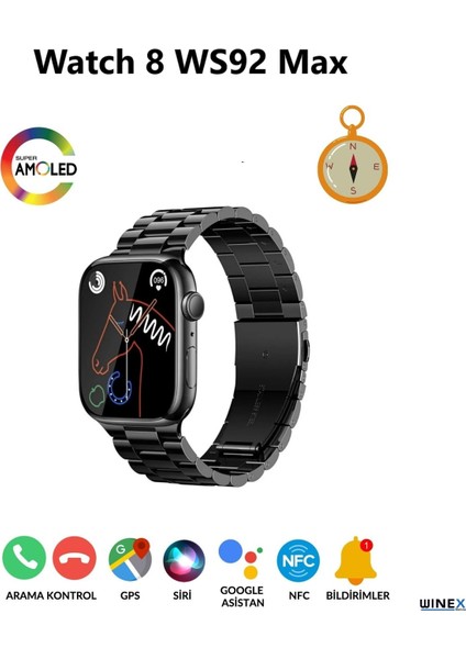 Watch 8 WS92 Max Amoled Ekran Android İos HarmonyOs Uyumlu Akıllı Saat Siyah