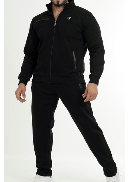 Siyah Erkek Önden Fermuarlı 3 Iplik Şardonlu Kışlık Büyük Beden Eşofman Takımı EDY201501B-SYH