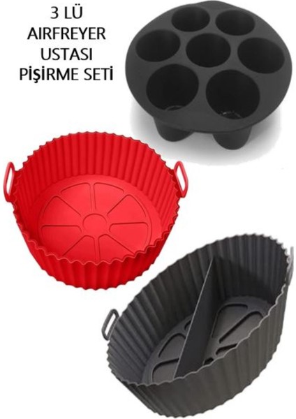 3 Parça Pratik Silikon Airfryer Pişirme Kağıdı Kırmızı Yonca , Siyah Muffin, Siyah Bölmeli Fırın Mikrodalga Kap Hh