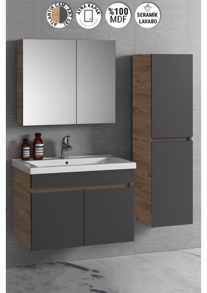 Çiğdem 80+35 cm Atlantik Çam-Antrasit Gri Mat Mdf Seramik Lavabolu Asma Banyo Dolabı Takımı