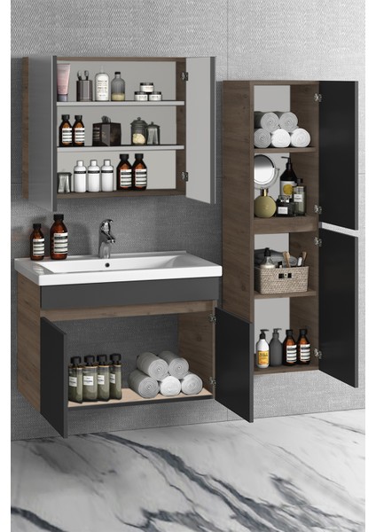Çiğdem 80+35 cm Atlantik Çam-Antrasit Gri Mat Mdf Seramik Lavabolu Asma Banyo Dolabı Takımı modelleri