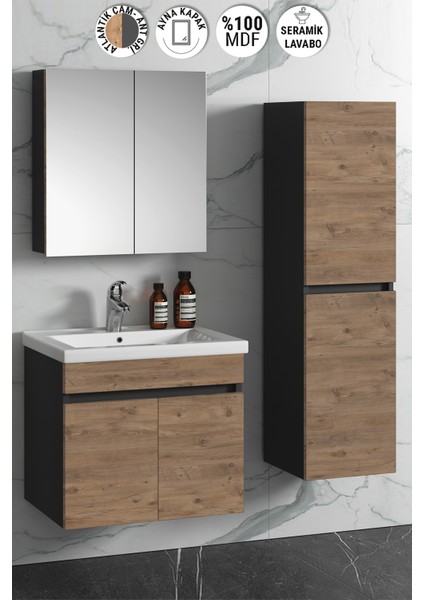 Çiğdem 55+35 cm Antrasit Gri Mat- Atlantik Çam Mdf Seramik Lavabolu Asma Banyo Dolabı Takımı