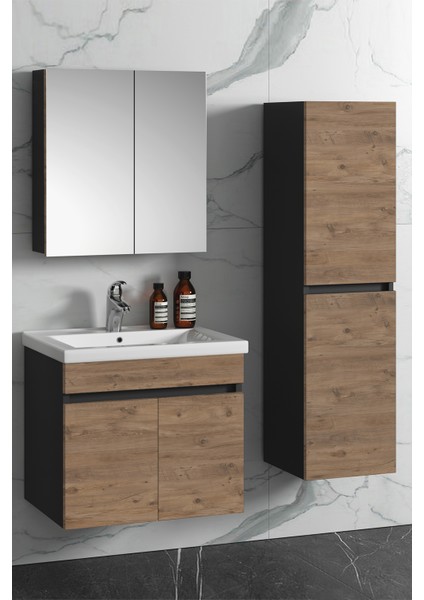 Çiğdem 55+35 cm Antrasit Gri Mat- Atlantik Çam Mdf Seramik Lavabolu Asma Banyo Dolabı Takımı