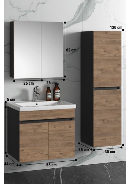 Çiğdem 55+35 cm Antrasit Gri Mat- Atlantik Çam Mdf Seramik Lavabolu Asma Banyo Dolabı Takımı