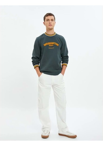 Kolej Sweatshirt Peluş Aplike Detaylı Çizgili Uzun Kollu Bisiklet Yaka - Koton - 4WAM70193MK - Haki - L