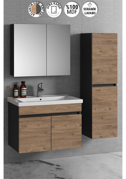 Çiğdem 80+35 cm Antrasit Gri Mat-Atlantik Çam Mdf Seramik Lavabolu Asma Banyo Dolabı Takımı