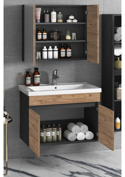 Çiğdem 80+35 cm Antrasit Gri Mat-Atlantik Çam Mdf Seramik Lavabolu Asma Banyo Dolabı Takımı modelleri