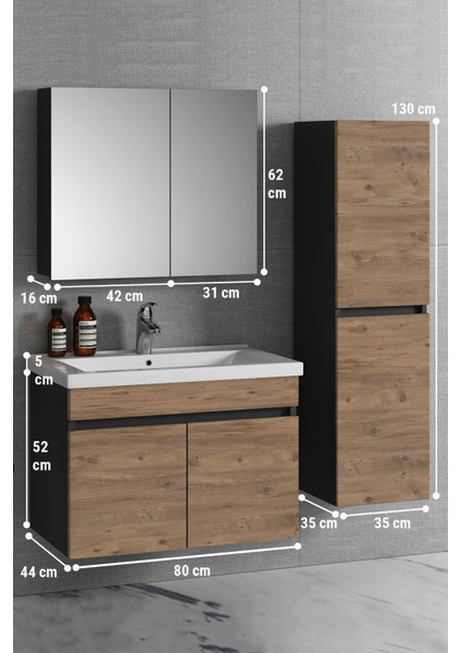 Çiğdem 80+35 cm Antrasit Gri Mat-Atlantik Çam Mdf Seramik Lavabolu Asma Banyo Dolabı Takımı indirimleri