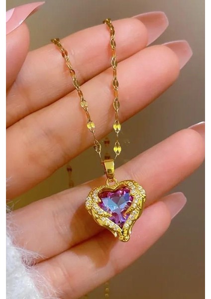 Gold Renk Okyanusun Kalbi Pembe Taşlı Kadın Çelik Kolye ECK48