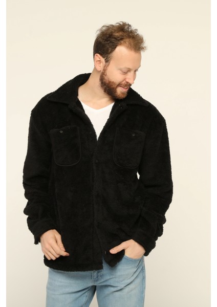 Erkek Siyah Oversize Kanguru Cepli Peluş Hırka