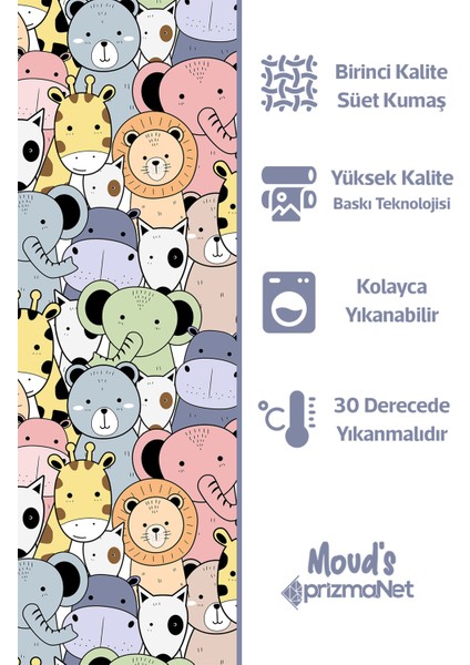 Rengarenk Minik Hayvanlar Desenli Baskılı Çocuk ve Bebek Odası Fon Perde 2 Kanat - Prd-08