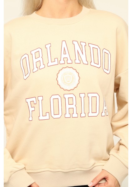 Owut Collection Bej Orlando Florida Bisiklet Yaka Baskılı Sweatshirt