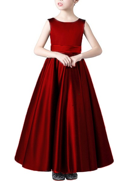 Kız Çocuk Kırmızı Saten Elbise Mezuniyet Elbise Doğum Günü Elbise