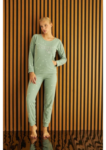 Kadın Bisiklet Yaka Kanguru Cep Bilek Manşetli Fitilli Polar Kışlık Pijama Takımı